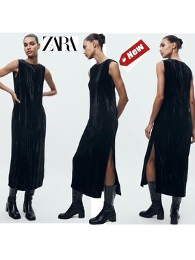 Zara ZW Collection black crushed wrinkled velvet sleeveless midi maxi dress XS
